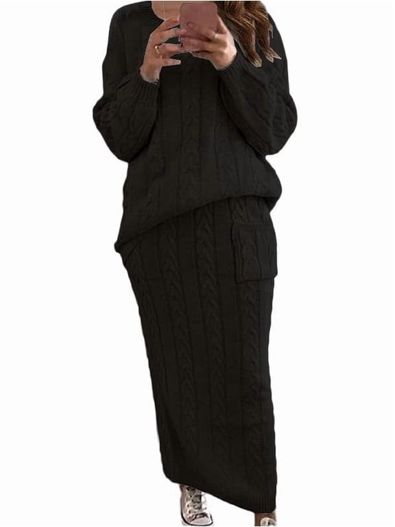 Women'S Winter Chunky Cable Knit Long Skirt 2 Piece Outfit Sweater Sets Black L