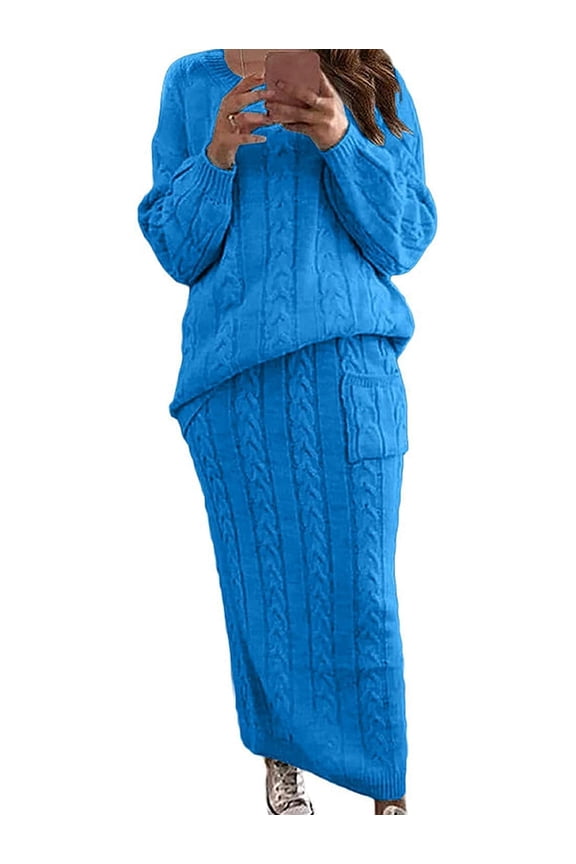 Women'S Winter Chunky Cable Knit Long Skirt 2 Piece Outfit Sweater Sets Elegant Blue XXXL
