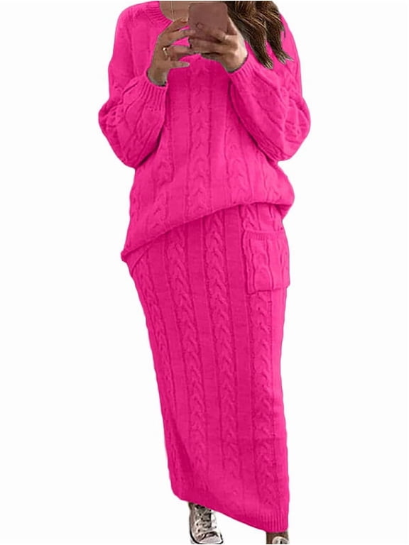 Women'S Winter Chunky Cable Knit Long Skirt 2 Piece Outfit Sweater Sets Rose Red L