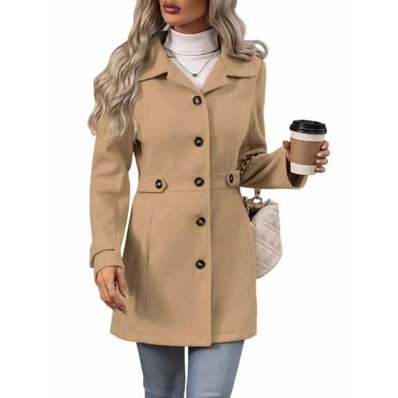 Women'S Winter Classic Outwear Overcoat with Pockets Single Breasted Pea Coat Khaki L