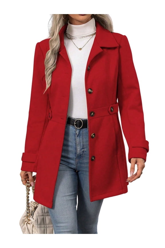Women'S Winter Classic Outwear Overcoat with Pockets Single Breasted Pea Coat Red L