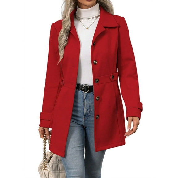 Women'S Winter Classic Outwear Overcoat with Pockets Single Breasted Pea Coat Red XL