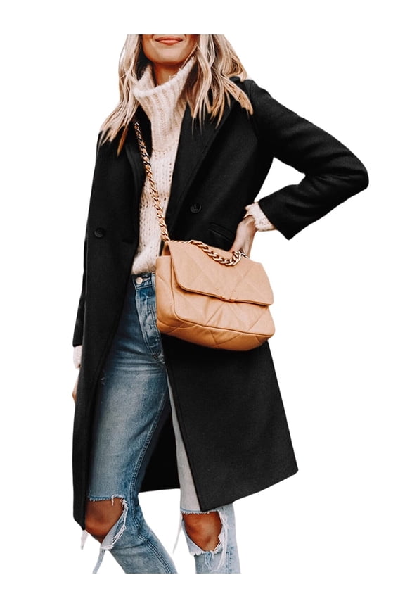 Women'S Winter Coat Casual Notched Lapel Single-Breasted Peacoat Black XXXL