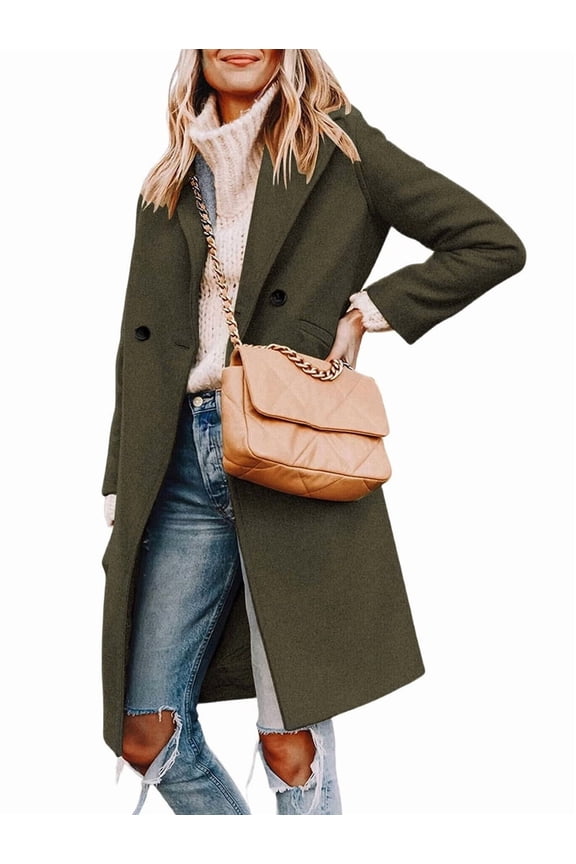 Women'S Winter Coat Casual Notched Lapel Single-Breasted Peacoat Green M