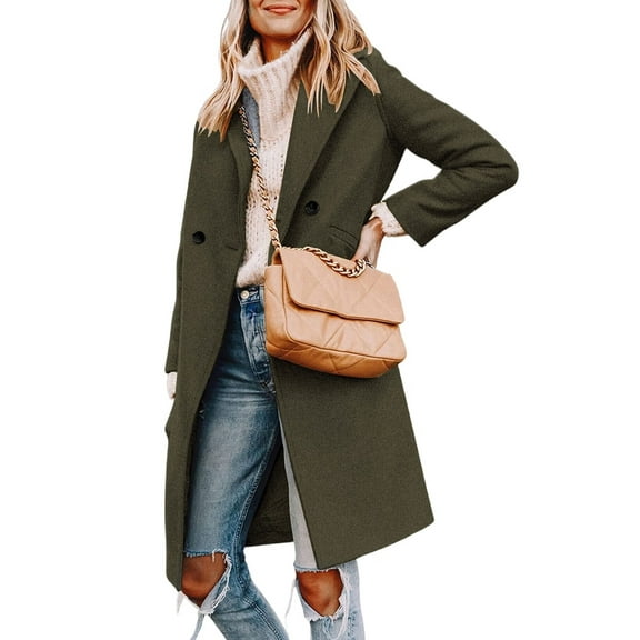 Women'S Winter Coat Casual Notched Lapel Single-Breasted Peacoat Green S