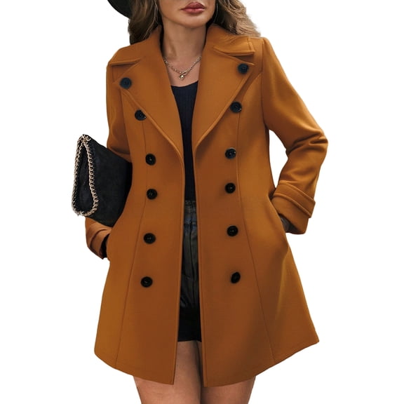 Women'S Winter Coat Elegant Notched Lapel Double Breasted Trench Coat Caramel S