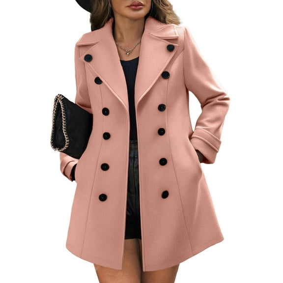 Women'S Winter Coat Elegant Notched Lapel Double Breasted Trench Coat Light Pink M
