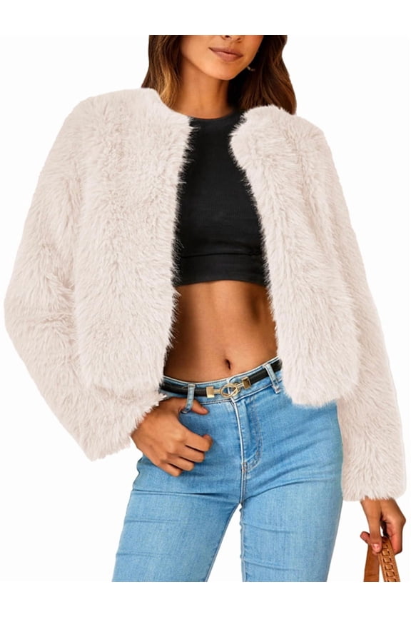 Women'S Winter Coats Fleece Cropped Jacket Faux Fur Long Sleeve Pockets Warm Outerwear Fall Clothes White S