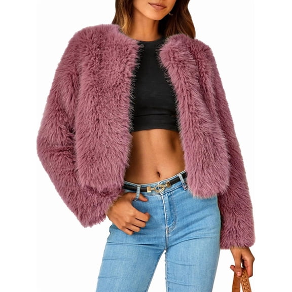 Women'S Winter Coats Fleece Cropped Jacket Faux Fur Long Sleeve Pockets Warm Outerwear Fall Clothes Wine Red L