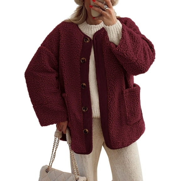 Women'S Winter Coats Long Sleeve Button Up Fuzzy Fleece Jackets Outerwear Fall Fashion Clothes Wine Red L