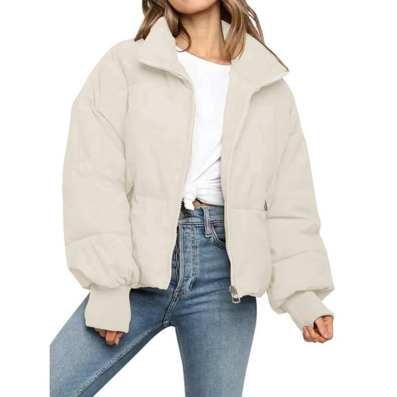 Women'S Winter Cropped Puffer Jacket Coat Short Warm Quilted Jacket Cream White XS