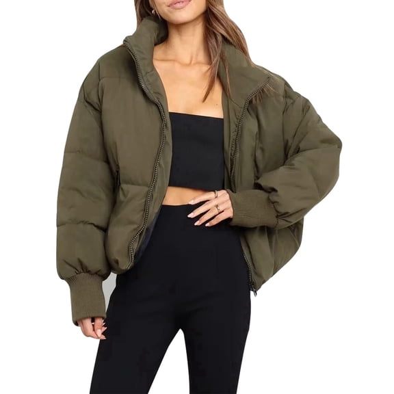 Women'S Winter Cropped Puffer Jacket Coat Short Warm Quilted Jacket Green XS