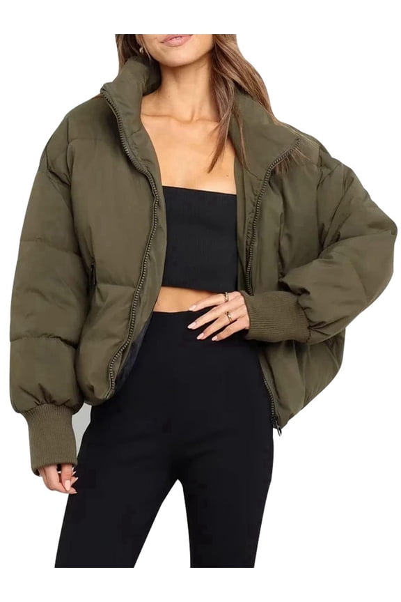 Women'S Winter Cropped Puffer Jacket Coat Short Warm Quilted Jacket Green XS