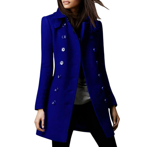Women'S Winter Double Breasted Coat Elegant Lapel Collared Long Sleeves Blend Trench Pea Coat Blue S