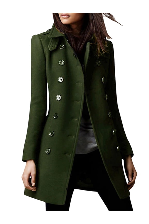 Women'S Winter Double Breasted Coat Elegant Lapel Collared Long Sleeves Blend Trench Pea Coat Green XL