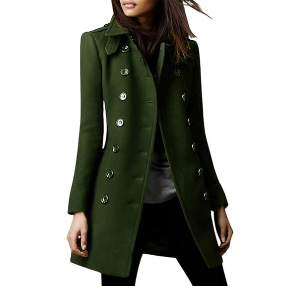 Women'S Winter Double Breasted Coat Elegant Lapel Collared Long Sleeves Blend Trench Pea Coat Army Green XXL
