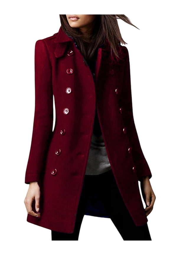 Women'S Winter Double Breasted Coat Elegant Lapel Collared Long Sleeves Blend Trench Pea Coat Wine Red M