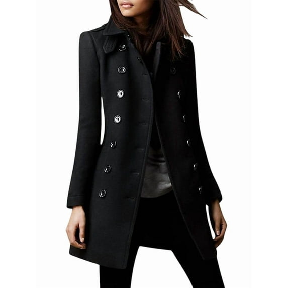 Women'S Winter Double Breasted Coat Elegant Lapel Collared Long Sleeves Blend Trench Pea Coat