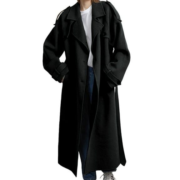 Women'S Winter Double Breasted Wool Coat Long Sleeve Lapel Midi Long Winter Trench Coat with Belt Black S