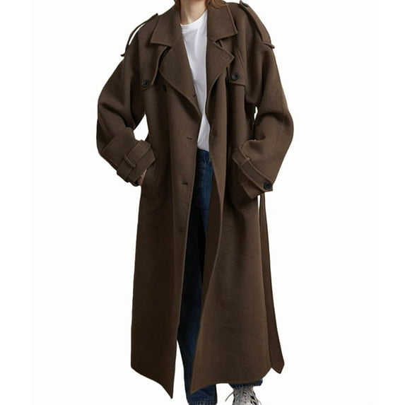 Women'S Winter Double Breasted Wool Coat Long Sleeve Lapel Midi Long Winter Trench Coat with Belt Dark Brown L