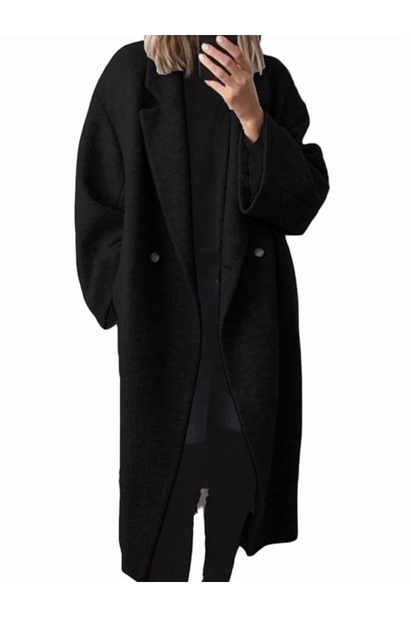 Women'S Winter Double Breasted Wool Coat Long Sleeve Notched Lapel Long Trench Coat Black XL