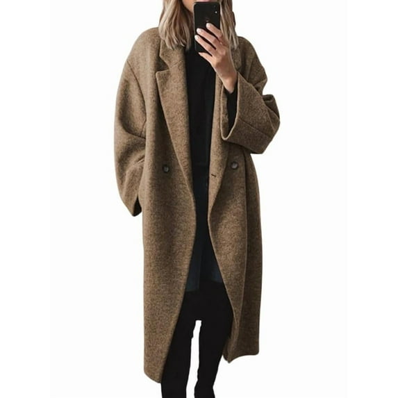 Women'S Winter Double Breasted Wool Coat Long Sleeve Notched Lapel Long Trench Coat Brown L