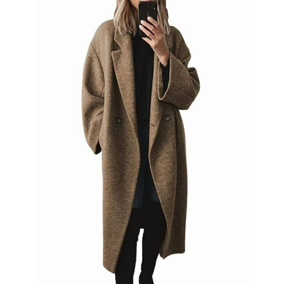 Women'S Winter Double Breasted Wool Coat Long Sleeve Notched Lapel Long Trench Coat Brown M
