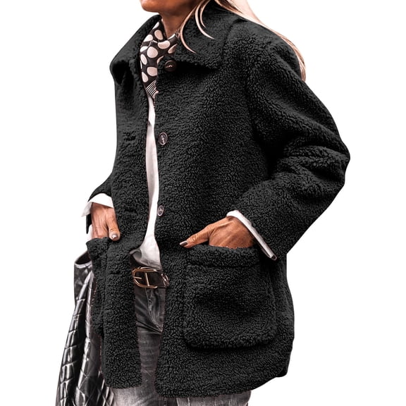 Women'S Winter Faux Fur Coats Long Sleeve Lapel Button Down Pockets Fleece Jacket Casual Trendy Outerwear Black L