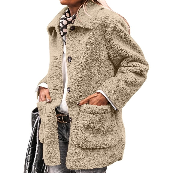 Women'S Winter Faux Fur Coats Long Sleeve Lapel Button Down Pockets Fleece Jacket Casual Trendy Outerwear Khaki L