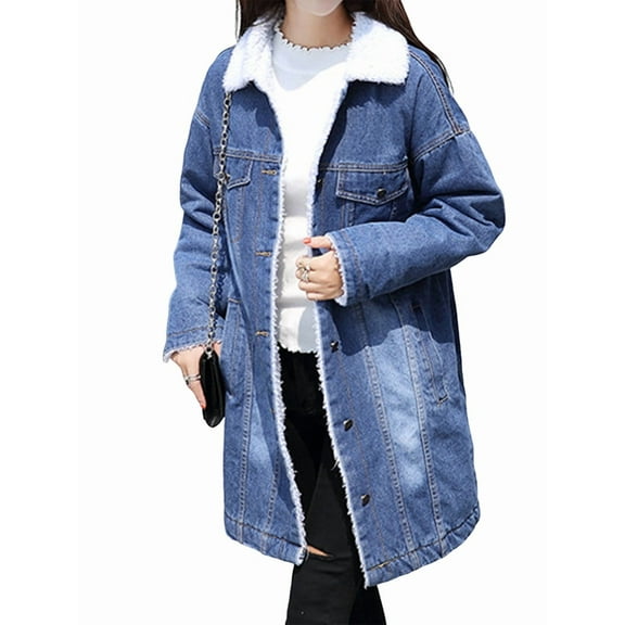 Women'S Winter Faux Fur Collar Long Denim Coat Trucker Jacket Deep Blue L