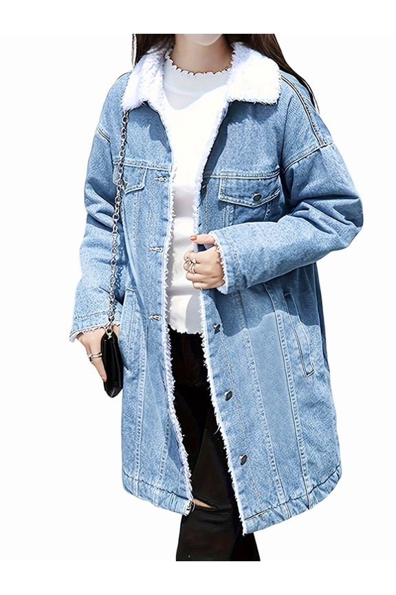 Women'S Winter Faux Fur Collar Long Denim Coat Trucker Jacket Light Blue S