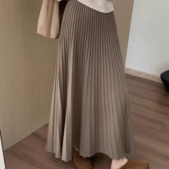 Women'S Winter Knitted Pleated Midi Skirt A-Line Flared Casual Warm Thermal Long Skirt With High Waist Skirts For Women