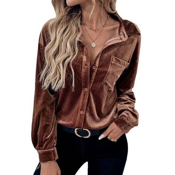 Women'S Winter Long Sleeve Velvet Cardigan Button Casual Tops Shirt Ladies Tops Coffee Brown XL