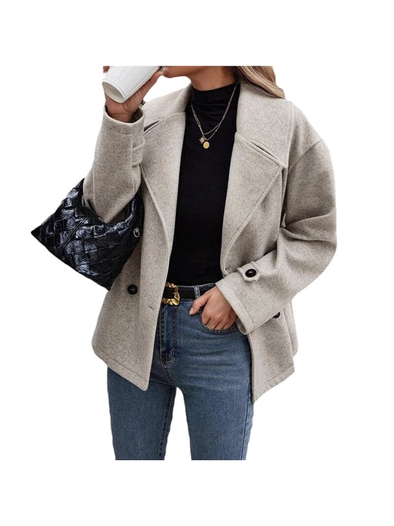 Women'S Winter Loose Fit Cropped Wool Coat Double Breasted Dressy Short Blazer Jacket Peacoat Apricot Color XXL