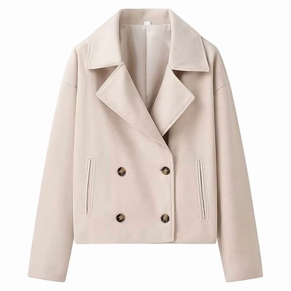 Women'S Winter Loose Fit Cropped Wool Coat Double Breasted Dressy Short Blazer Jacket Peacoat Cream White S