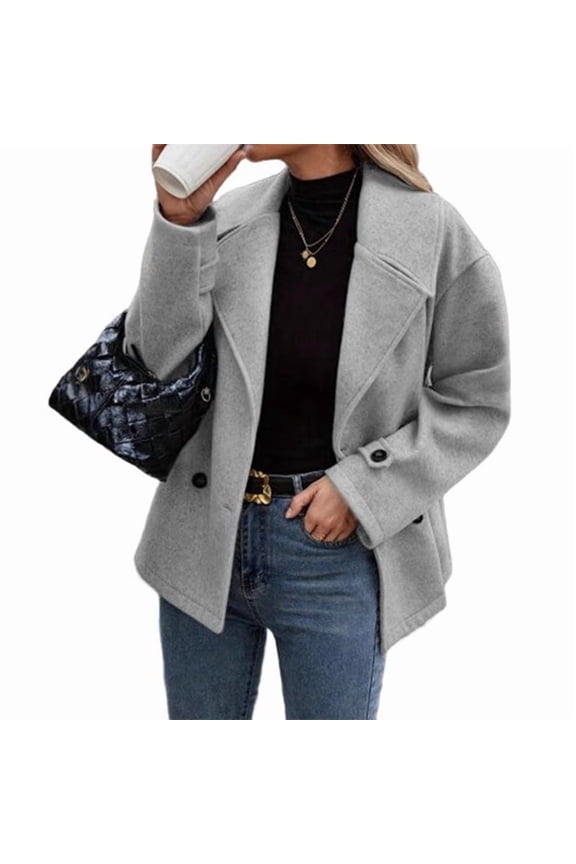 Women'S Winter Loose Fit Cropped Wool Coat Double Breasted Dressy Short Blazer Jacket Peacoat Light Gray XXL