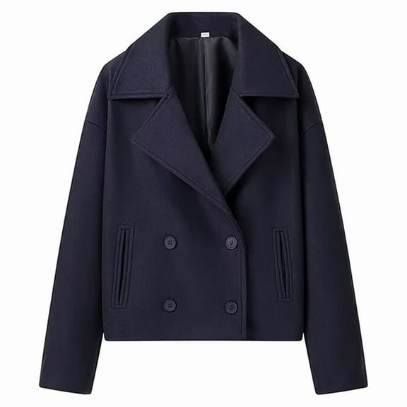 Women'S Winter Loose Fit Cropped Wool Coat Double Breasted Dressy Short Blazer Jacket Peacoat Navy Blue S