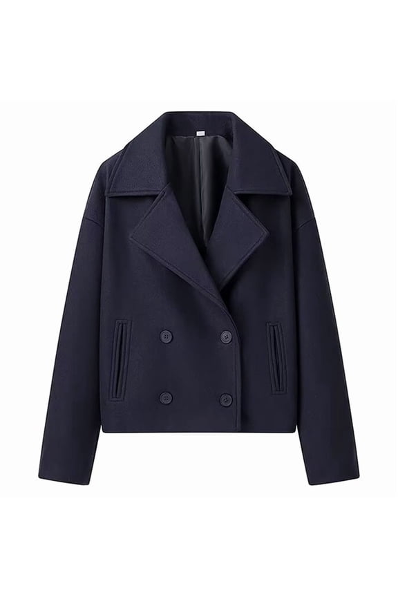 Women'S Winter Loose Fit Cropped Wool Coat Double Breasted Dressy Short Blazer Jacket Peacoat Navy Blue S