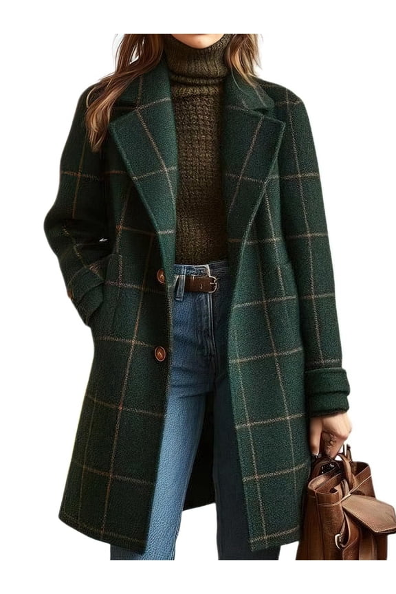 Women'S Winter Notched Collar Plaid Wool Trench Coat Button Down Mid Long Overcoat Outerwear Dark Green L