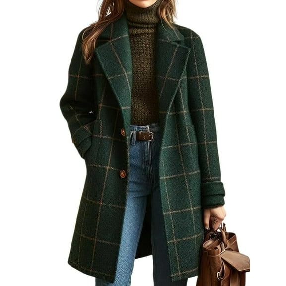 Women'S Winter Notched Collar Plaid Wool Trench Coat Button Down Mid Long Overcoat Outerwear Dark Green L