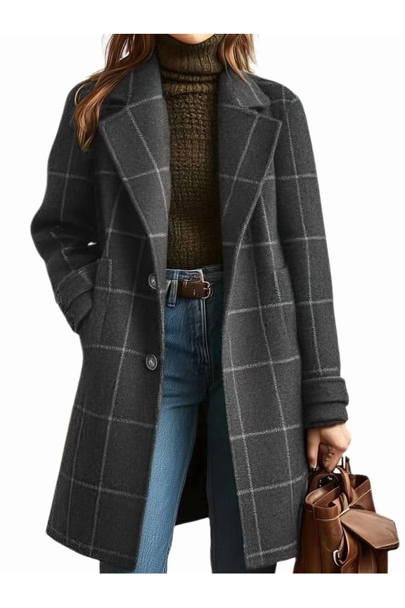 Women'S Winter Notched Collar Plaid Wool Trench Coat Button Down Mid Long Overcoat Outerwear Gray L