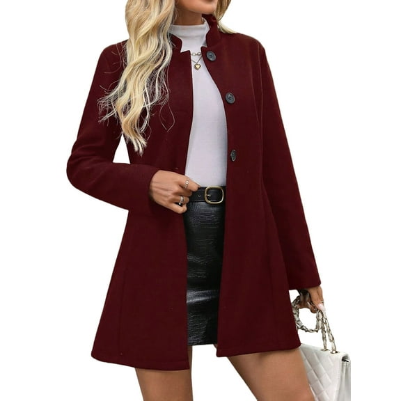 Women'S Winter Overcoat Mid-Long Stand Collar Single Breasted Coat Outerwear Red XL