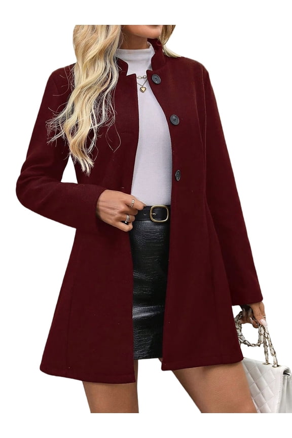Women'S Winter Overcoat Mid-Long Stand Collar Single Breasted Coat Outerwear Red XXL