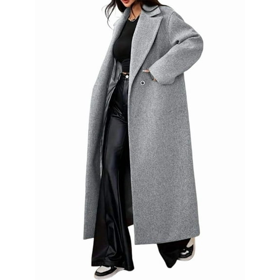 Women'S Winter Oversized Wool Coat Notched Lapel Collar Loose Fit Maxi Long Overcoat Streetwear Gray L