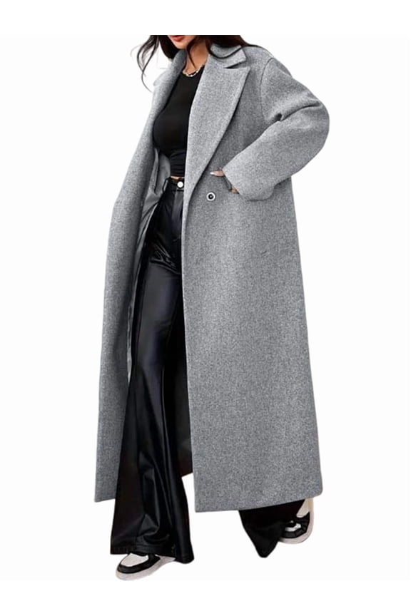 Women'S Winter Oversized Wool Coat Notched Lapel Collar Loose Fit Maxi Long Overcoat Streetwear Gray L