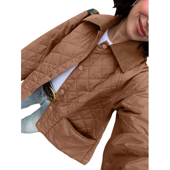 Women'S Winter Quilted Jackets Long Sleeve Button Down Puffer Jacket Outerwear Coats with Pockets Brown M