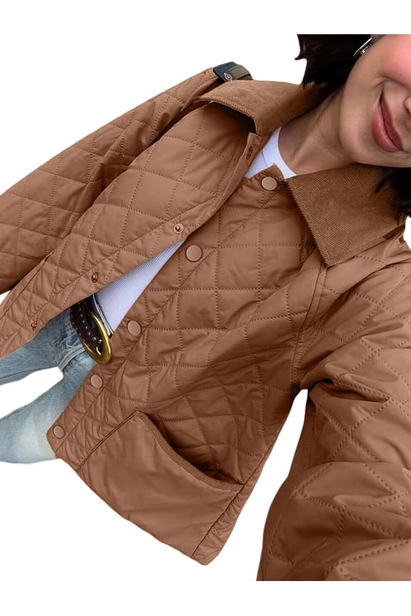 Women'S Winter Quilted Jackets Long Sleeve Button Down Puffer Jacket Outerwear Coats with Pockets Brown XL