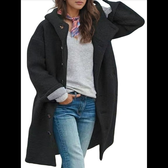 Women'S Winter Single-Breasted Long Hooded Casual Windbreaker Jacket Black XL