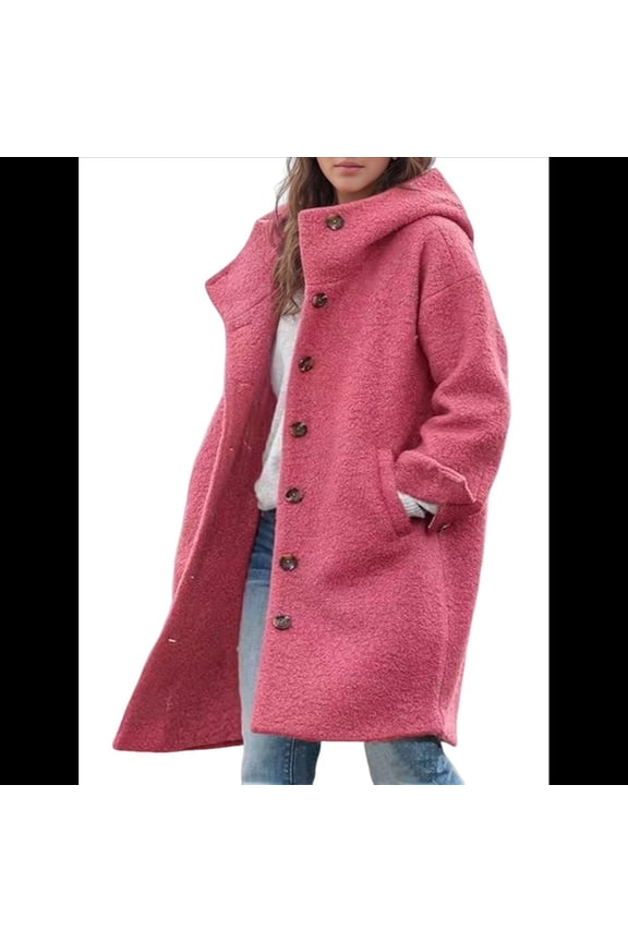 Women'S Winter Single-Breasted Long Hooded Casual Windbreaker Jacket Rose Red XL