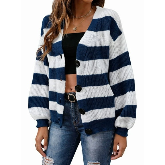 Women'S Winter Striped Cardigan Sweaters Long Sleeve Button Down Open Front Chunky Knit Oversized Sweater Coat Blue L